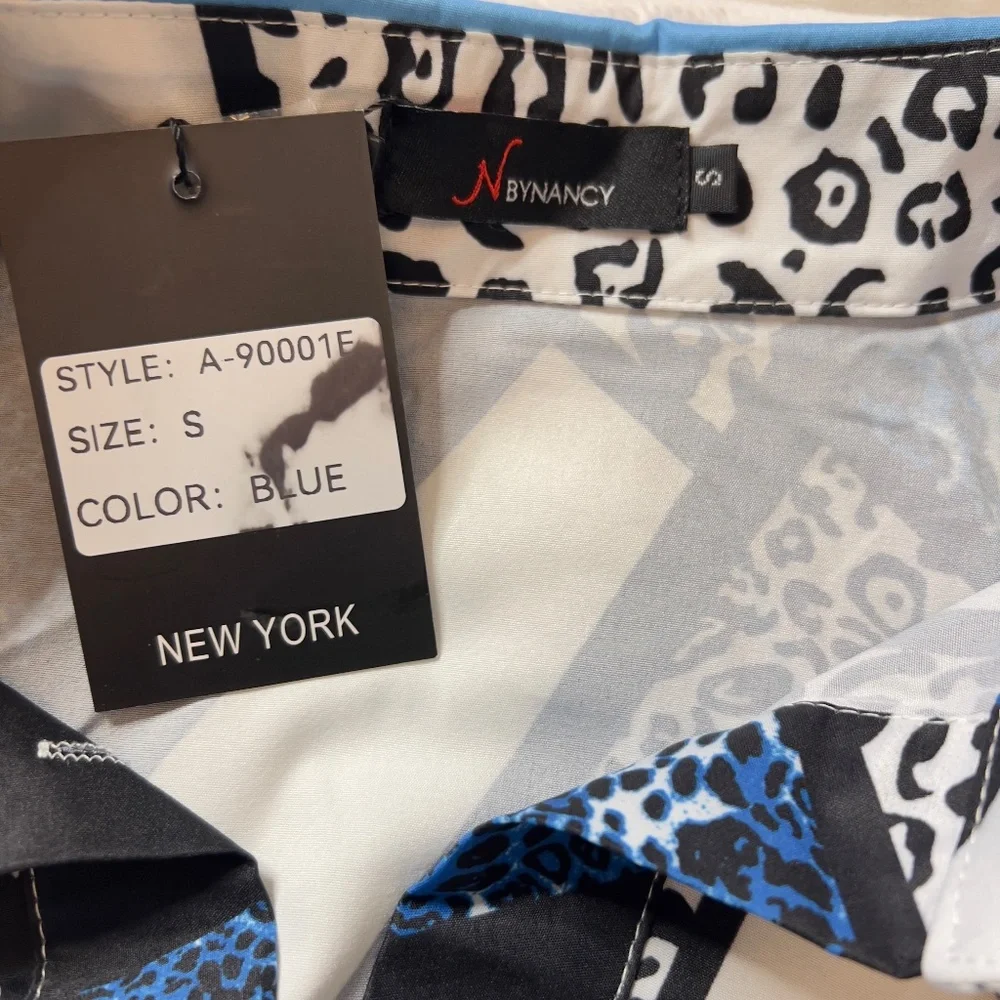 #A239  Nancy  Maximalist Chic  Blue Geometric Animal Print Dress  NWT  S